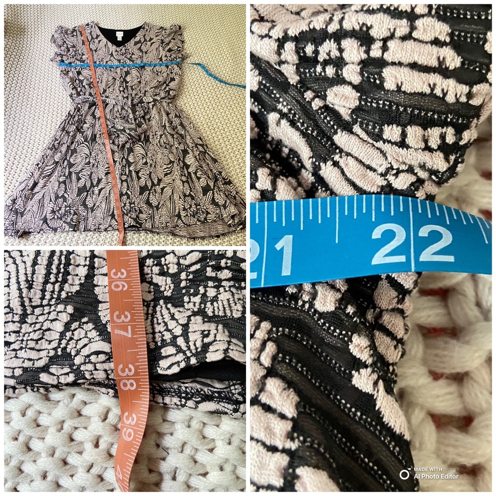 Chico’s stretch knit tie waist dress 3 XL black cream tan V neck floral flare - Picture 9 of 10